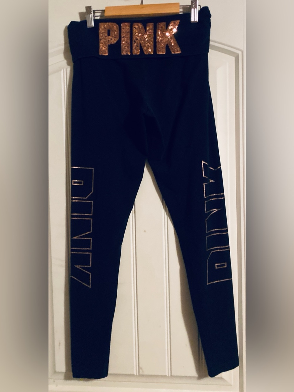 Y2K PINK Victoria's Secret Black Leggings with Rose Gold Sequin Logo